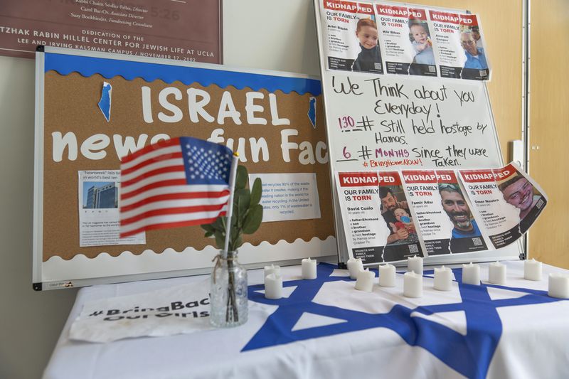 Posters for civilians who were abducted from Israel by Hamas on Oct. 7, 2023, are posted at the Hillel at UCLA in Los Angeles on Friday, May 3, 2024. (AP Photo/Damian Dovarganes)