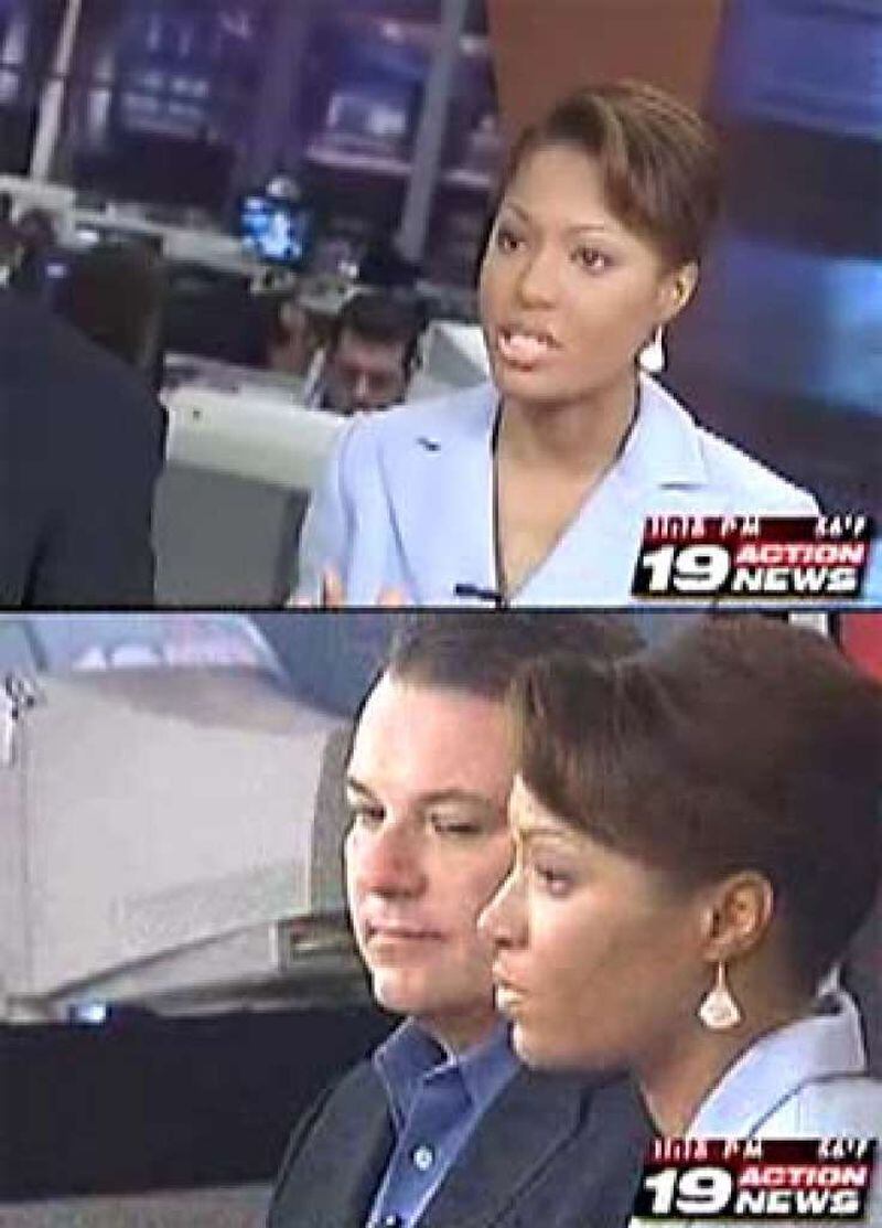  Above: WOIO anchor Sharon Reed. Below WOIO news director Steve Doerr (with Reed) tapes a response to viewers after Reed disrobed at the scene of a mass nude photo installation in Cleveland as part of her first-person report. Photo via WOIO, Cleveland Ohio less