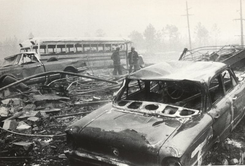 Crews survey the destruction following the chemical explosion on Feb. 3, 1971 at the Thiokol Chemical plant in Woodbine, Georgia.