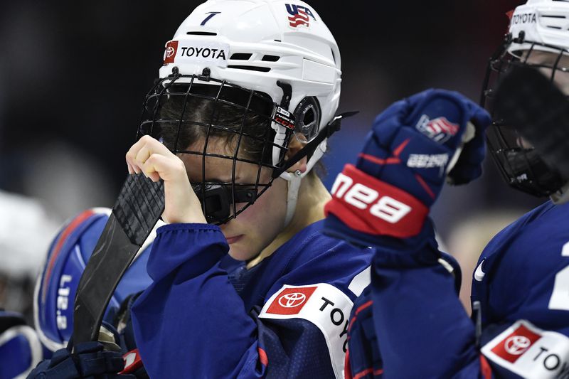 United States forward Lacey Eden reacts after the team's loss to Canada in the final at the IIHF Women's World Hockey Championships in Utica, N.Y., Sunday, April 14, 2024. (AP Photo/Adrian Kraus)
