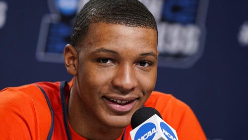 Auburn's Jabari Smith (10) speaks during a news conference on Saturday, March 19, 2022, in Greenville, S.C. (AP Photo/Brynn Anderson)