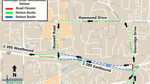 Map depicts the recommended detour when southbound Glenridge Drive is closed under I-285 nightly through Wednesday, March 20. GEORGIA DEPARTMENT OF TRANSPORTATION