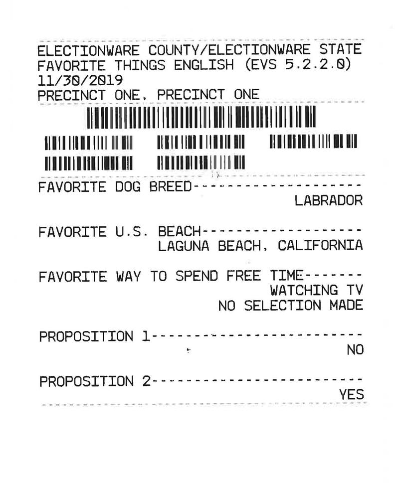 A sample ballot shows how bar codes and voter choices would be displayed using the ExpressVote system, which was tested in a Conyers election in November. The ExpressVote system combines touch screens and paper ballots to record voters’ choices. The Georgia General Assembly is considering legislation, Senate Bill 403, that would replace the state’s voting system.