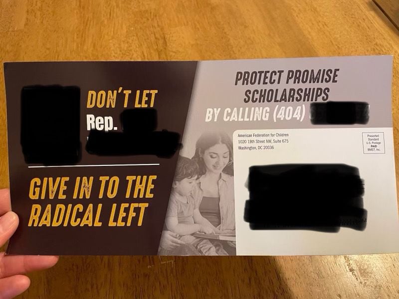 A picture of the mailer targeting Republican lawmakers that the American Federation for Children sent to voters in several legislative districts.