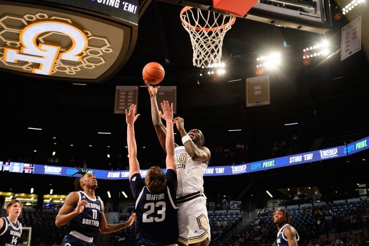 Forward Ebenezer Dowuona goes up for a basket for Georgia Tech. (Jamie Spaar for the Atlanta Journal Constitution)