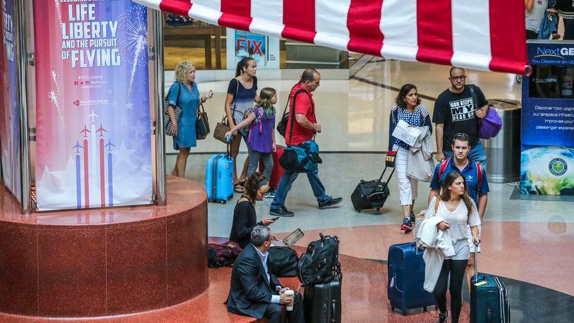 June 30, 2017 Hartsfield-Jackson International Airport: Travelers were bustling through Hartsfield-Jackson International Airport Friday, June 30, 2017 on what is expected to be aÂ record-setting day for passenger counts. Hartsfield-Jackson expectedÂ more than 90,000 travelersÂ to pass through its checkpoints throughout the Friday, surpassing the previous record set over the Memorial Day travel period. Security officials warn travelers that fireworks are prohibited in both carry-on and checked baggage, and cannot be brought onto an airliner. Prohibited fireworks include aerial repeater and aerial shell fireworks, bottle rockets, chasers, firecrackers, flying spinners, fountains, ground spinners, missiles, parachute fireworks, poppers, Roman candles, skyrockets, smoke fireworks, snakes, snaps, sparklers, strobes and wheels, according to the federal Transportation Security Administration. Those items are flammable, made from explosive materials and are considered hazardous,Â TSA says. JOHN SPINK/JSPINK@AJC.COM.