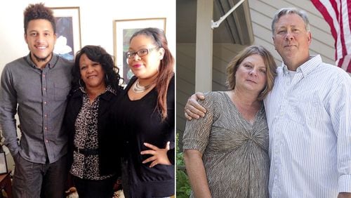 Left: Anthony Hill is shown with his mother and sister in this family photo from Christmas 2014. It was the last time his family saw Anthony. (Family photo) Right: Former DeKalb County police officer Robert "Chip" Olsen and his wife Kathy Olsen at their Alpharetta residence. Robert Olsen shot and killed Anthony Hill outside a Chamblee apartment complex in March 2015. (Alyssa Pointer/alyssa.pointer@ajc.com)