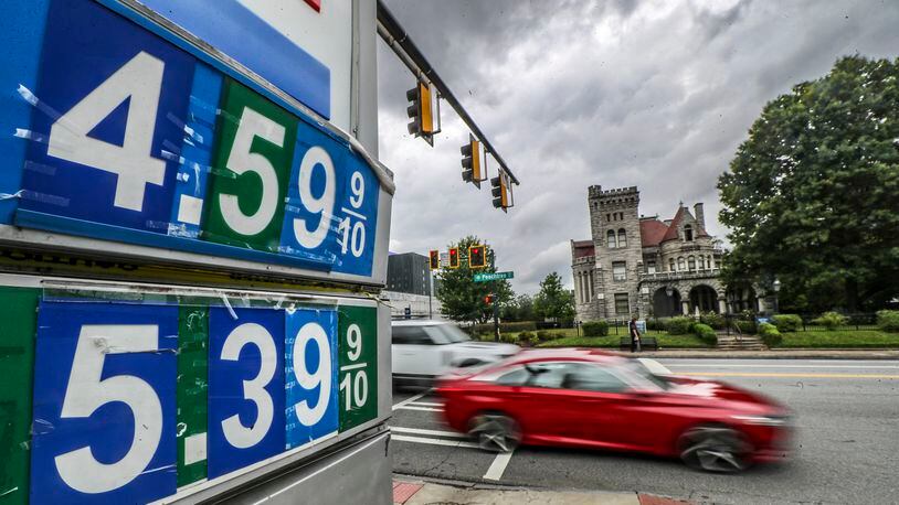 May 26, 2022 Atlanta: The Uptown Station Exxon on Peachtree Street and Peachtree Circle in Midtown Atlanta had regular for $4.59 a gallon and diesel for $5.39 on Thursday, May 26, 2022 before the Memorial Day travel weekend gets underway Friday. The unofficial kickoff for summer will be a busy one on the roads, the American Automobile Association, or AAA, predicts nearly 35 million people will travel by car during Memorial Day weekend. Ahead of the busy Memorial Day weekend, Gov. Brian Kemp signed an executive order Thursday that extends Georgia’s motor fuel tax break through July 14 in a new effort to bring down gas prices. He signed the order less than a week before a bipartisan law that suspended the 29.1 cents-a-gallon motor fuel tax through May 31 was set to expire. The move, implemented in mid-March, saved drivers more than $300 million in taxes, a loss of revenue Kemp said would be plugged with surplus state funds. Kemp’s office expects overall tax collections to cover the lost fuel tax revenue that was earmarked for transportation spending without facing a shortfall. (John Spink / John.Spink@ajc.com)