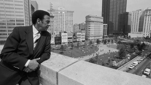 Mayor Andrew Young atop the 10 Park Place building, overlooking Woodruff Park, in Atlanta, Ga. on April 23, 1987. MANDATORY CREDIT: ANDY SHARP / THE ATLANTA JOURNAL-CONSTITUTION