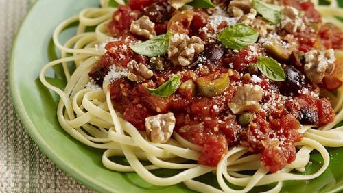 Thursday’s Pasta Puttanesca With Mixed Olives and Walnuts is a flavorful way to skip meat. Contributed by California Walnut Commission