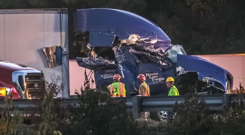 A tractor-trailer with significant front-end damage could be seen at the crash scene on I-85 South at Beaver Ruin Road.