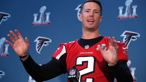 February 1, 2017, Houston: Falcons quarterback Matt Ryan holds his press conference during Super Bowl media availability on Wednesday, Feb. 1, 2017, at the Memorial City Mall ice arena in Houston. Curtis Compton/ccompton@ajc.com