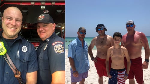 Right photo: Jered Rogers (from left) and Gainesville firefighters Andrew Lathem and Robby Buffington saved 13-year-old Hunter Madlock after he swam too far away from a sandbar in Panama City Beach. Left photo: Lathem (left) and Buffington are public safety divers.