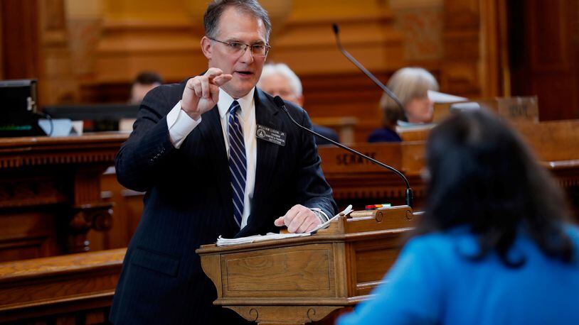 State Sen. William Ligon, a Republican from Brunswick, speaks in favor of a new statewide voting system during a debate Wednesday on the Senate floor. The Senate then voted to approve the legislation, House Bill 316. BOB ANDRES / bandres@ajc.com