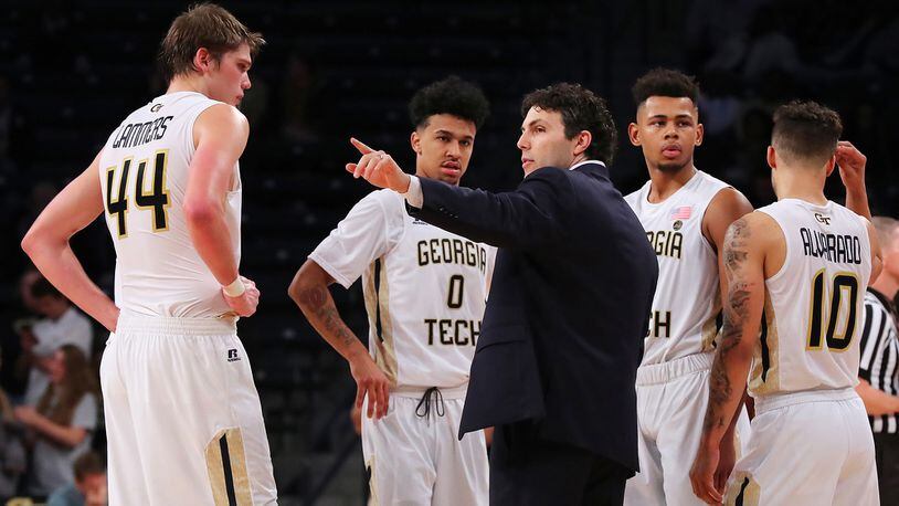 November 19, 2017 Atlanta: Georgia Tech head coach Josh Pastner coaches up his players during a time out against Bethune-Cookman in the home opener of a NCAA college basketball game on Sunday, November 19, 2017, in Atlanta.    Curtis Compton/ccompton@ajc.com