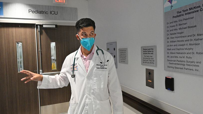 Dr. Michael Bossak, a pediatrician, stands outside the pediatric ICU at the Memorial Health Dwaine & Cynthia Willett Children’s Hospital of Savannah on Thursday, September 2, 2021. (Hyosub Shin / Hyosub.Shin@ajc.com)