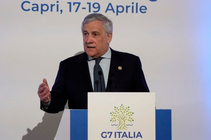 Italian Foreign Minister Antonio Tajani speaks to reporters during the final press conference at the G7 Foreign Ministers meeting on Capri Island, Italy, Friday, April 19, 2024. (AP Photo/Gregorio Borgia)