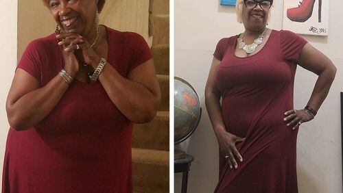 In the photo on the left, taken in April 2019, Jacqueline Poe-Ferguson weighed 232 pounds. In the photo on the right, taken in July, she weighed 198 pounds. (Photos contributed by Jacqueline Poe-Ferguson)