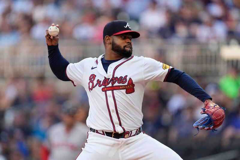 Atlanta Braves pitcher Reynaldo López (40). works against the Boston Red Sox in the first a baseball game Tuesday, May 7, 2024, in Atlanta. (AP Photo/John Bazemore)