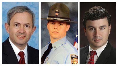Left to right | Judge John Simpson (photo credit: Coweta County official website); fired trooper and criminal defendant Anthony Scott (photo credit: Georgia State Patrol); Carroll County District Attorney Herb Cranford (photo credit: Coweta Judicial Circuit official website)