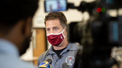 Gwinnett County School Police Chief Tony Lockard talks about recent social media threats that have led to arrests during a press availability Thursday afternoon, Oct. 28, 2021, at Discovery High School in Lawrenceville.  Ben Gray for the Atlanta Journal-Constitution