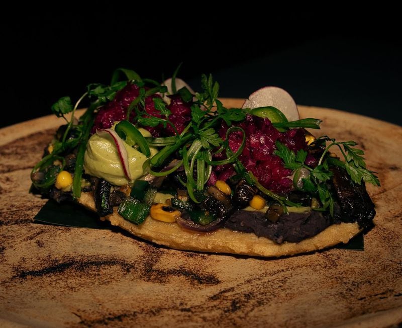 Pata Negra's huarache camino real is a vegetarian dish of mushrooms, corn and beans over a thick, primitive-style masa tortilla. Courtesy of Pata Negra