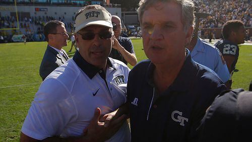ATLANTA, GA - OCTOBER 17:  Head coach Pat Narduzzi of the Pittsburgh Panthers shakes hands with head coach Paul Johnson of the Georgia Tech Yellow Jackets after their 31-28 win at Bobby Dodd Stadium on October 17, 2015 in Atlanta, Georgia.  (Photo by Kevin C. Cox/Getty Images)