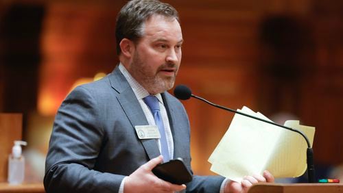 Rep. Kasey Carpenter, R-Dalton, is the sponsor of House Bill 170, which would charge sales taxes when Georgians download books, video games or music. The House voted in favor of the measure on Monday. (Natrice Miller/ Natrice.miller@ajc.com)