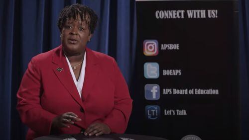 Lisa Herring, the Atlanta school board's choice to be the district's next superintendent, is shown in this screenshot from a question-and-answer session posted on the Atlanta Board of Education's YouTube page on Monday, April 27, 2020.