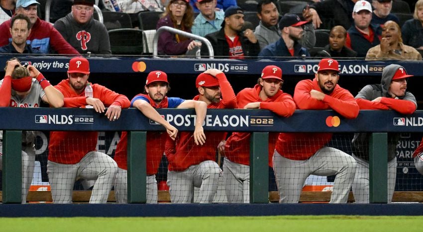 The Philadelphia Phillies watch during the sixth inning of game two of the National League Division Series against the Atlanta Braves at Truist Park in Atlanta on Wednesday, October 12, 2022. (Hyosub Shin / Hyosub.Shin@ajc.com)