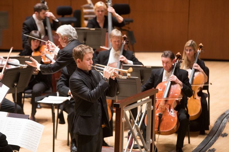 Stuart Stephenson of the Atlanta Symphony Orchestra performs Haydn’s Trumpet Concerto in E-flat Major with guest conductor Peter Oundjian. CONTRIBUTED BY JEFF ROFFMAN
