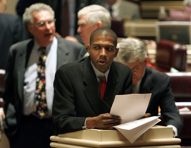 Rep. Eric Major, D-Fairfield, speaks on the floor of the House as he and other members of the Black Caucus filibuster a bill dealing with the use of deadly force, Tuesday, March 28, 2006, at the State House in Montgomery, Ala. (AP Photo/Rob Carr)