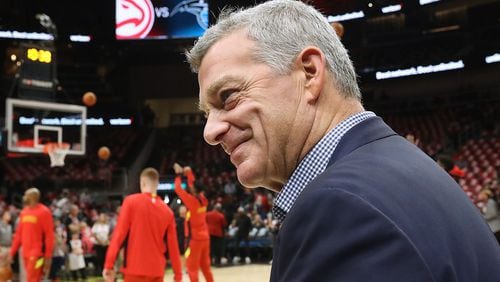 Hawks owner Tony Ressler watches as his team prepares to play the Orlando Magic in the home opener Saturday, October 26, 2019, in Atlanta.   Curtis Compton/ccompton@ajc.com