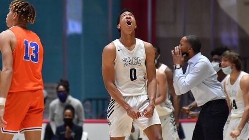 Pace Academy's Matthew Cleveland (0) reacts during the Class 2A boys championship game Thursday, March 11, 2021, at the Macon Centreplex in Macon. Pace Academy defeated Columbia, 73-42. (Hyosub Shin / Hyosub.Shin@ajc.com)
