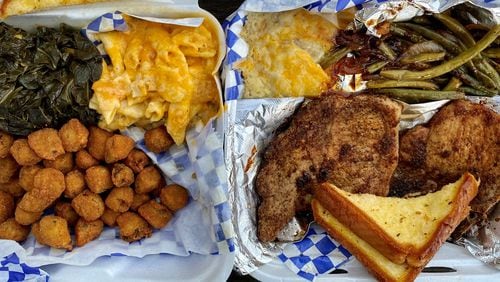 Kelz excels at home-style cooking like this veggie plate with collards, mac and cheese and fried okra; and this grilled pork chop plate with loaded mashed potatoes and green beans. Entrees include garlic bread. Wendell Brock for The Atlanta Journal-Constitution