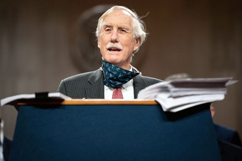 FILE — Sen. Angus King (I-Maine) speaks at a news conference in Washington on Dec. 14, 2020. King says he fears the empowerment of state legislatures to decide election results more than the troubling curtailments of the franchise. (Anna Moneymaker/The New York Times)