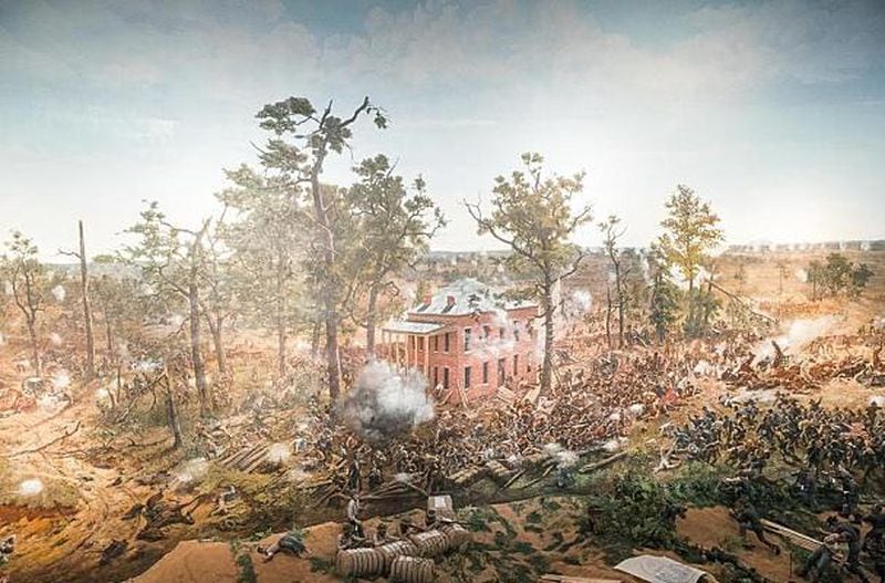 The central scene of the painting shows Troup Hurt's house on July 22, 1864, at a decisive moment in the battle.