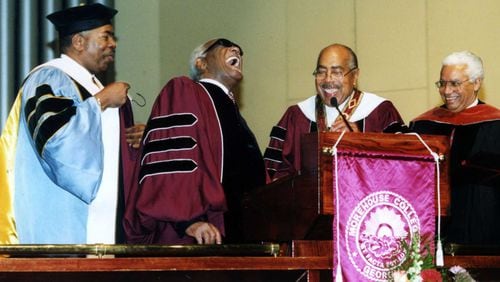 Musical icon Ray Charles, second from left, received a honorary doctoral degree from Morehouse College in 2001. The Ray Charles Foundation contributed $2 million to the college in scholarships for business students, Morehouse officials announced on Friday, March 26, 2021. Photo Credit: Morehouse College.