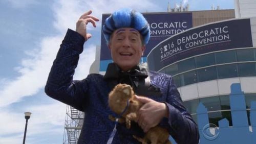 Stephen Colbert, seen here during one of his “Late Show” programs during the Democratic National Convention will host a live special on cable network Showtime on Election Night. CBS photo