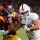 Southern California safety Calen Bullock (7) defends against Stanford tight end Benjamin Yurosek (84) during the second half of an NCAA college football game in Los Angeles, Saturday, Sept. 9, 2023. (AP Photo/Ashley Landis)
