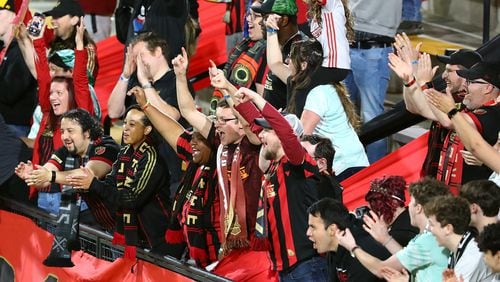 042022 Kennesaw: Atlanta United fans celebrate a 6-0 victory over Chattanooga FC in the Lamar Hunt U.S. Open Cup on Wednesday, April 20, 2022, in Kennesaw.    “Curtis Compton / Curtis.Compton@ajc.com”