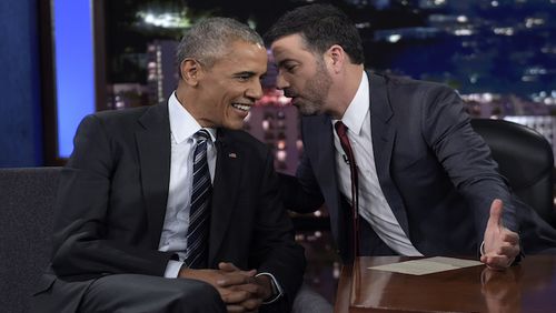 President Barack Obama talks with Jimmy Kimmel in between taping segments of Jimmy Kimmel Live! at the El Capitan Entertainment Center in Los Angeles, Monday, Oct. 24, 2016. Obama is spending a few days in on the West Coast campaigning and will taped an episode of Jimmy Kimmel Live!. (AP Photo/Susan Walsh)