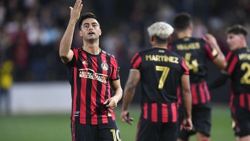 Atlanta United Gonzalo Martinez thanks the crowd after scoring during the first half of soccer match against Motagua FC in the Scotiabank Concacaf Champions League, Tuesday, Feb. 25, 2020, in Kennesaw, Ga. (John Amis)