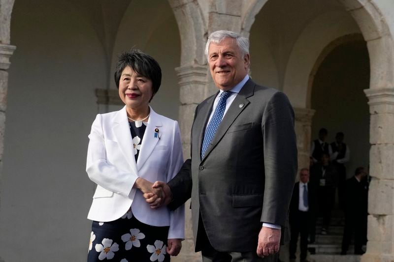 Italian Foreign Minister Antonio Tajani, right, welcomes Japanese Foreign Minister Yoko Kamikawa at the G7 Foreign Ministers meeting, on the Island of Capri, Italy, Wednesday, April 17, 2024. Group of Seven foreign ministers are meeting on the Italian resort island of Capri, with soaring tensions in the Mideast and Russia's continuing war in Ukraine topping the agenda. The meeting runs April 17-19. (AP Photo/Gregorio Borgia)
