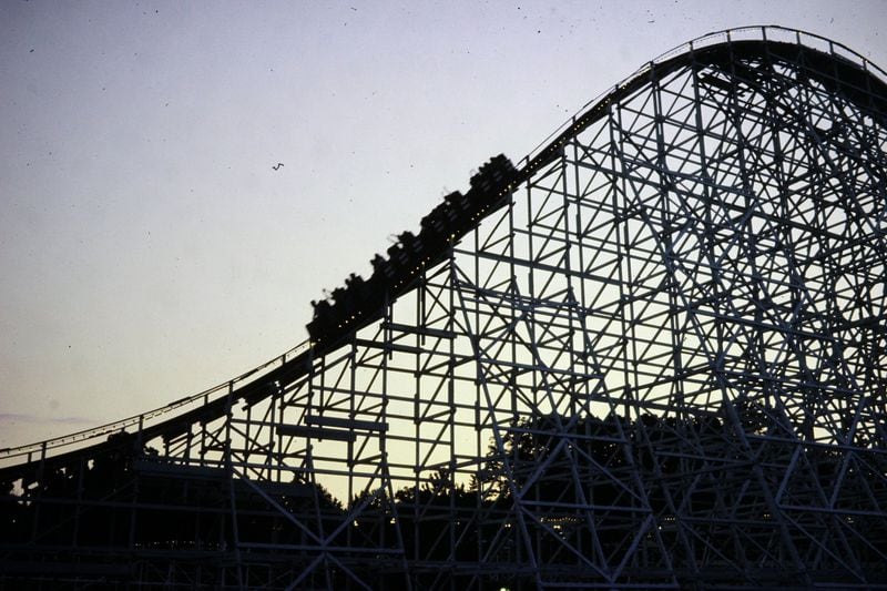 One of Six Flags Over Georgia’s most recognizable rides, the wooden Great American Scream Machine, is seen in this vintage photo. CONTRIBUTED BY SIX FLAGS OVER GEORGIA