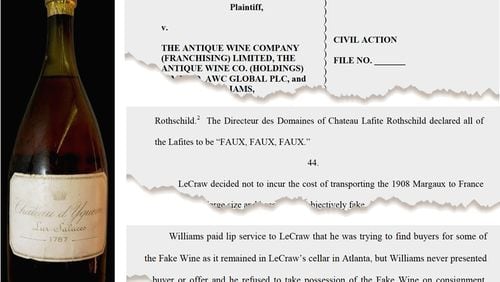 Portions of the lawsuit filed by Atlantan Julian LeCraw Jr. Bottle of 1787 Chateau d'Yquem courtesy of Wine-searcher.com.