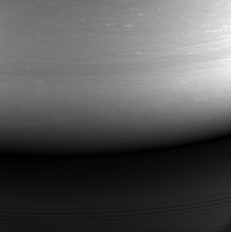 The final image: Imaging cameras on NASA's Cassini spacecraft show Saturn as it looks toward the planet's night side and shows the location at which Cassini would burn up and enter the planet's atmosphere hours later.