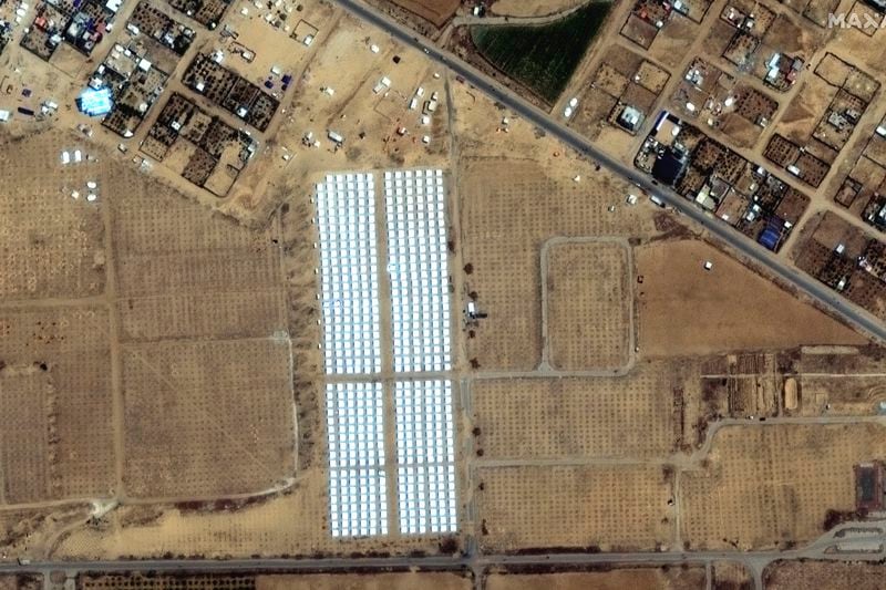 This image provided by Maxar Technologies, shows a rows of tents built near Khan Younis in Gaza on April 23, 2024. (Satellite image ©2024 Maxar Technologies via AP)