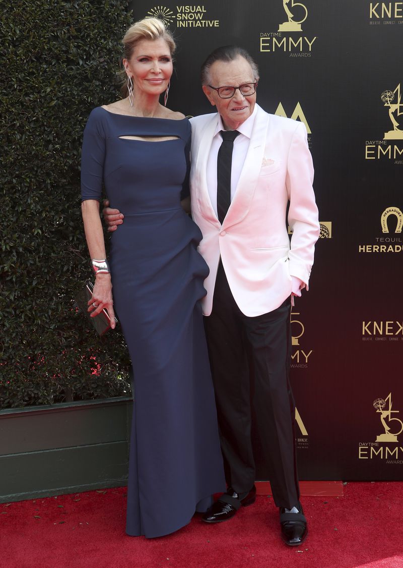 Shawn King, left, and Larry King arrive at the 45th annual Daytime Emmy Awards at the Pasadena Civic Center on Sunday, April 29, 2018, in Pasadena, Calif. (Photo by Willy Sanjuan/Invision/AP)