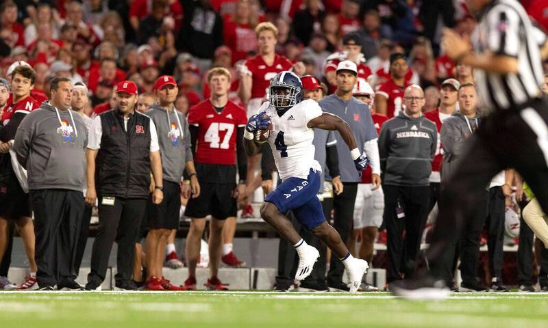 Georgia Southern's Gerald Green (4) rushes 47 yards for a touchdown against Nebraska during the first half of an NCAA college football game Saturday, Sept. 10, 2022, in Lincoln, Neb. (AP Photo/Rebecca S. Gratz)